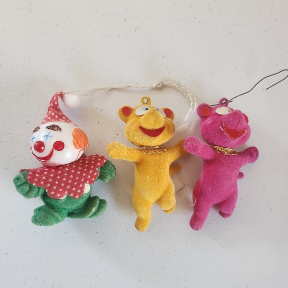 Vintage Flocked Bear Christmas Tree Ornament Lot Clown MCM 60s 70s Kitsch - Picture 1 of 5